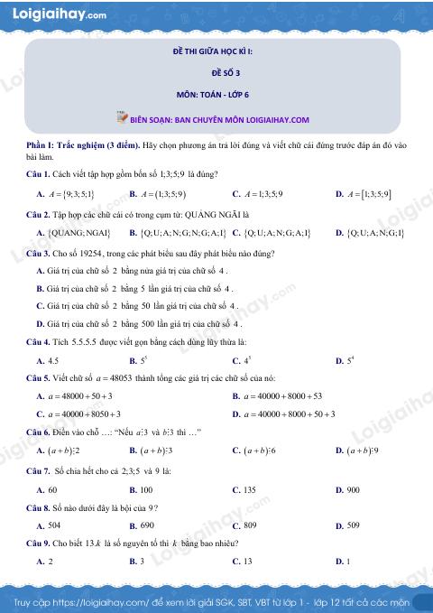 Đề thi giữa kì 1 Toán 6 - Đề số 3